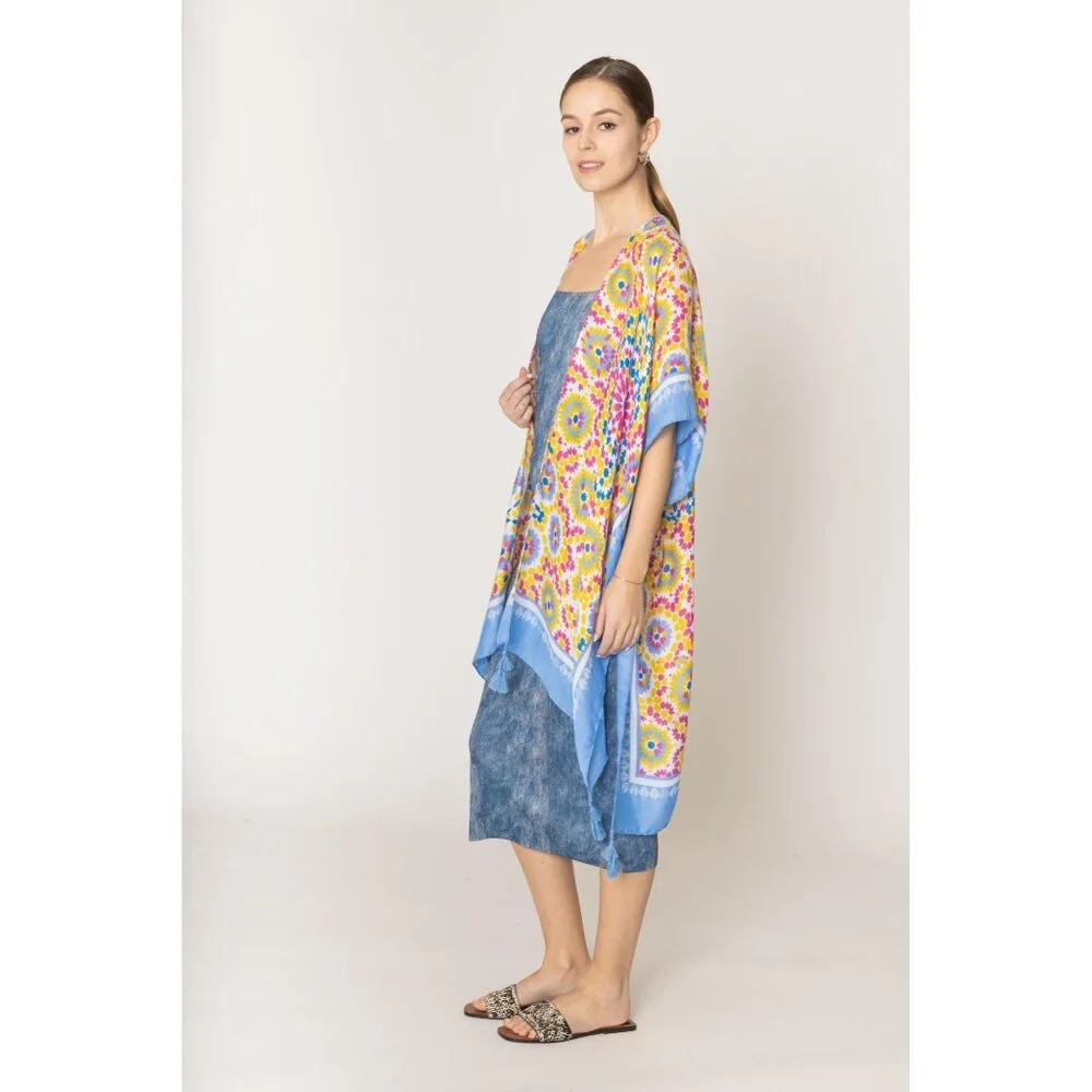 DIONA J TILE PRINT KIMONO CARDIAN ONE SIZE COLOR BLUE - Picture 5 of 6